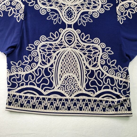 JM Collection Womens Large Boho Navy Beige Print Top Rhinestone Flowy Rodeo - Picture 3 of 8